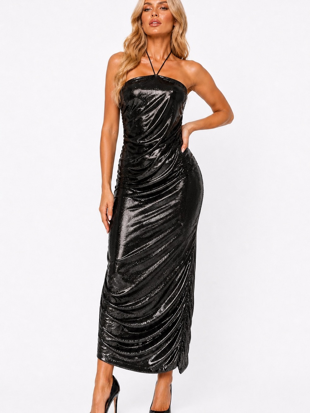 AKIRA Black Liquid Shine Ruched Halter Midi Dress NWT | Open Back | M/L